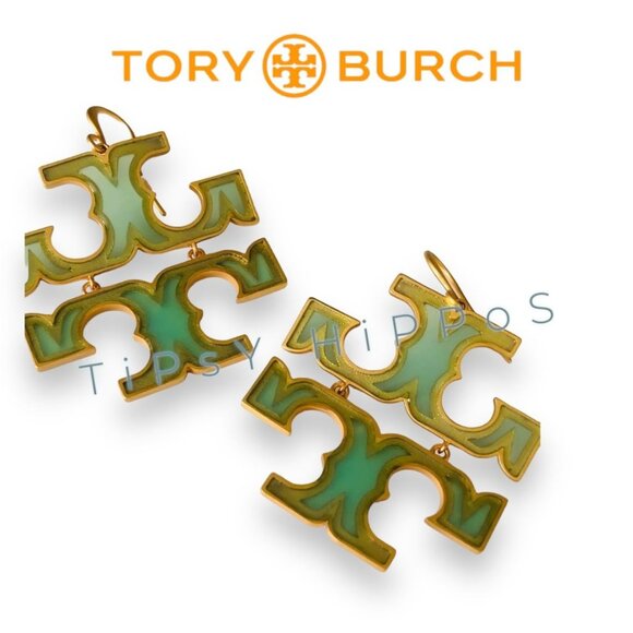 Tory Burch Miller Green and Gold Logo Earrings - Picture 3 of 6